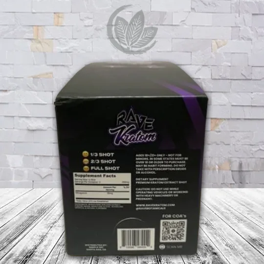 Rave Kratom Super Strength Blacked Out Shot 250mg Black Berry Full Case (12ct) Supplement Facts