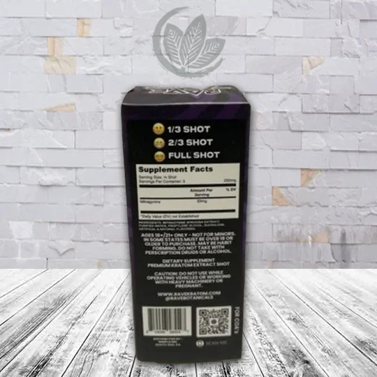 Rave Kratom Super Strength Blacked Out Shot 250mg Single Bottle Black Berry 30ml Supplement Facts