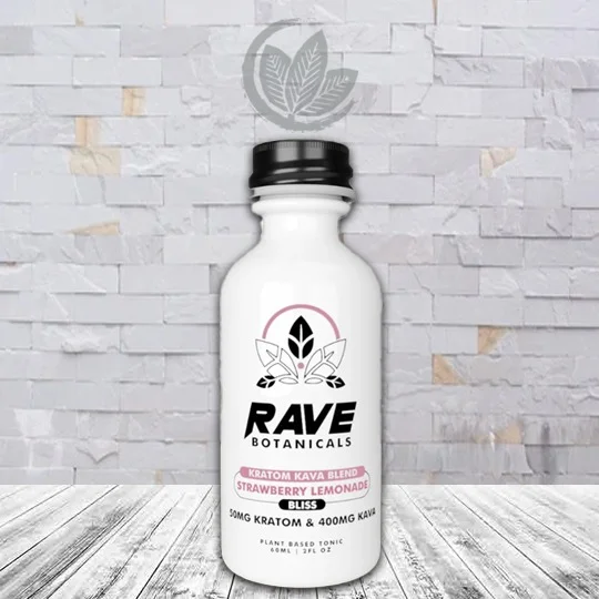 Rave Botanicals Kratom + Kava Blend Liquid Extract Shot 2oz Strawberry Lemonade