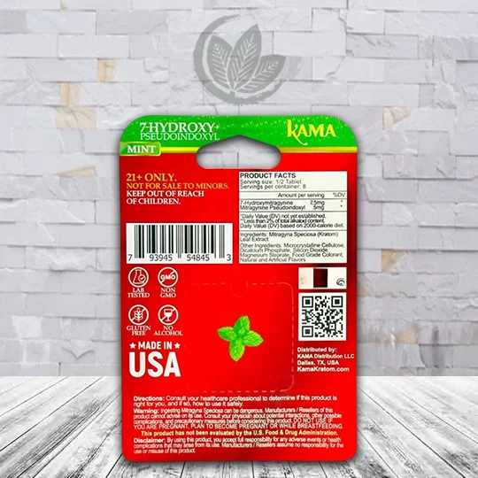 Kama 7-Hydroxy + Pseudo Chewable Tablets 100mg - Mint 4ct Single Blister Pack Product Facts