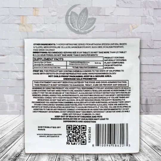 Rave 7-Hydroxy Sublingual Chewable Extract Tablets 1ct Sachet 50mg Supplement Facts