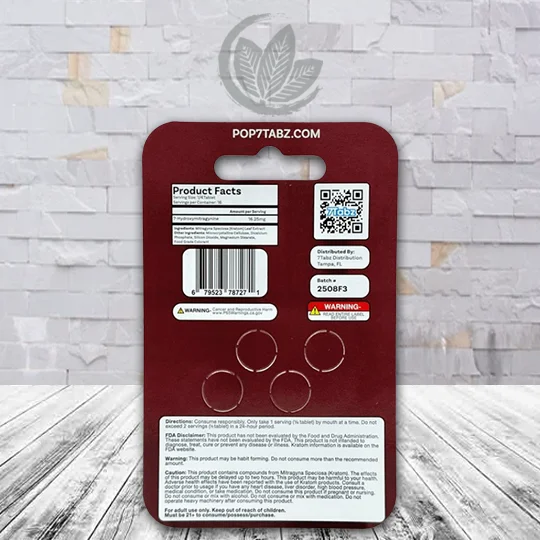 7Tabz 7-Hydroxymitragynine Max Potency Kratom Tablets 65mg -Blue Razz 4ct Single Blister Pack Product Facts