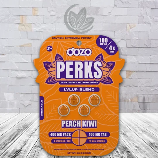 Dozo PERKS 7-Hydroxymitragynine Tablets 4ct --100mg - Peach Kiwi-- LVLUP Blend