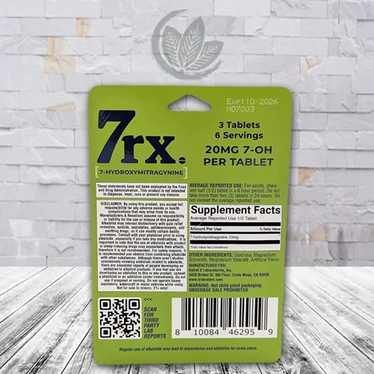 7RX 7-Hydroxy Tablets 20mg - Unflavored -- 3ct Single Blister Pack - supplement facts