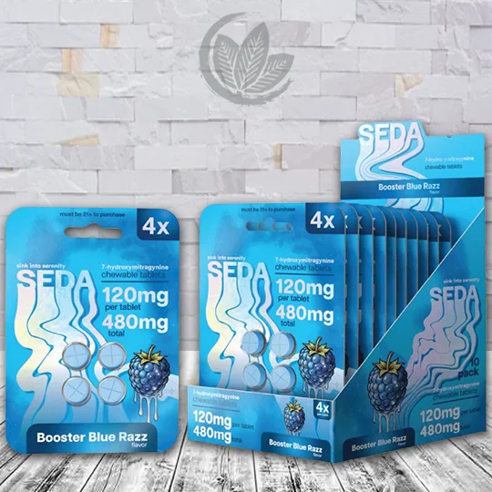 Seda 7-Hydroxy Chewable Tablet 480mg - Booster Blue Razz -- 4ct X 10 = 40 Tablets BULK CASE